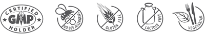 GMP certified holder, no bee allergens, gluten free, lactose free, vegetarian